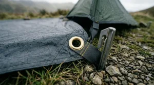 Detail of reinforced brass eyelets on a heavy duty tent footprint for secure pegging in windy British weather.