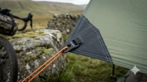A photorealistic 4K extreme close-up of a reinforced guy-point attachment on a sage-green silnylon tarp, showing double-stitching and an aluminium tensioner for rugged UK weather.