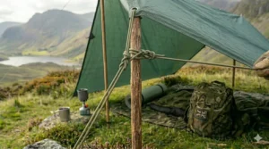 Close-up illustration of a camper's hands tensioning a guy line using a friction hitch knot to secure a tarp shelter.