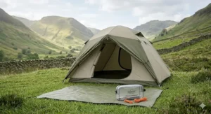 A sturdy four-man tent successfully pitched in the British countryside after using a tent pole repair kit.