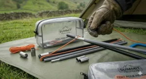 A step-by-step diagram showing how to thread new elastic shock cord through hollow tent pole sections.