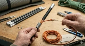 Diagram showing how to rethread elastic shock cord through replacement tent poles during a DIY repair.