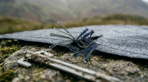 Macro view of the ripstop weave used in a heavy duty tent footprint for enhanced tear resistance and longevity.