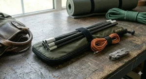 A compact set of spare replacement tent poles packed in a protective bag for UK camping trips.