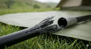 A close-up illustration of a split fibreglass tent pole section requiring a repair sleeve.