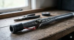 A detailed close-up shot of a splintered and split fibreglass tent pole section on a wooden workbench, illustrating damage that requires replacement.