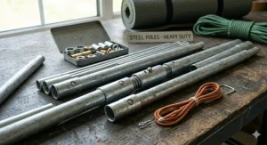 Heavy-duty steel replacement tent poles for large family tunnel tents and canvas awnings.