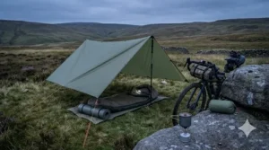 A photorealistic 4K wide-angle photograph capturing a wild camping setup in the UK Peak District at twilight, featuring a sage-green tarp pitched over an olive bivy bag.