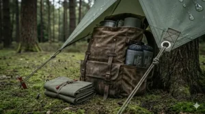 Close-up diagram of reinforced webbing and eyelets on a heavy-duty waterproof camping tarp.