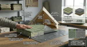 A side-by-side comparison guide showing the difference between an internal luxury tent carpet and an external waterproof footprint protector.