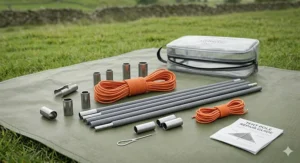 An overhead view of a repair kit containing elastic shock cord, wire threader, and alloy ferrules.