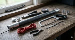 An organized layout of tent repair tools on a workbench, including a replacement fibreglass section, a hacksaw, a metal file, and red elastic shock cord.