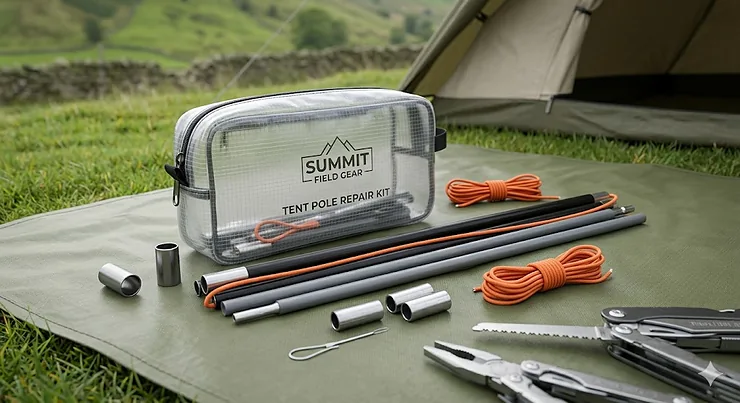 A comprehensive tent pole repair kit featuring replacement fibreglass sections, shock cord, and ferrules laid out on a camping groundsheet. tent pole repair kit