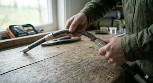 A person gently flexing a fully reassembled fibreglass tent pole with both hands to test the strength and tension of the new replacement section.