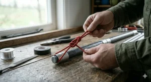 A close-up of a secure knot being tied in the red shock cord at the end of a fibreglass pole assembly to maintain proper tension.