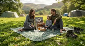 Alt text for image 8: A family enjoying a picnic on a green tartan universal camping rug outside their tent in a scenic UK countryside setting.