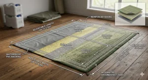 A technical diagram showing how a universal fit tent carpet covers the living area and bedroom sections of a standard family tunnel tent.