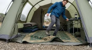 Alt text for image 2: A camper in a waterproof jacket nearly tripping over a bunched-up, loose universal tent rug on a camping pitch.