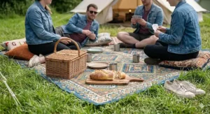 A group of friends sitting on a lightweight tent carpet used as a picnic rug outside their tent in the festival arena.