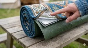 Close-up illustration of the waterproof thermal backing on a lightweight tent carpet, preventing dampness from the groundsheet at a rainy British festival.