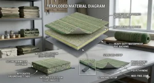 An exploded material diagram of a tent carpet highlighting the heavy-duty waterproof PVC backing designed to block moisture from the ground.