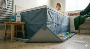 A bathtub groundsheet creating an active water barrier to protect bathroom floors and lino during kids' bath time.