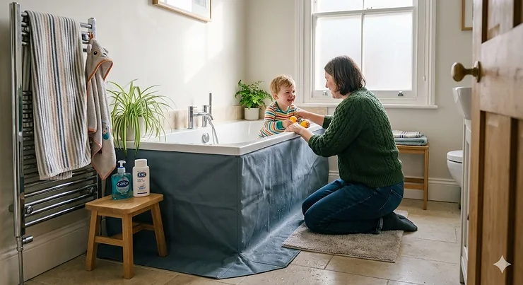 A durable waterproof bathtub groundsheet fitted in a modern family bathroom to prevent floor splashes. waterproof bathtub groundsheet