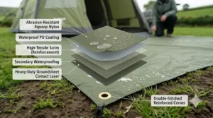 Close-up illustration of the multi-layer waterproof material used in a heavy duty tarp for tent protection against damp ground.