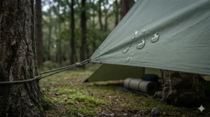 Close-up illustration showing rain beading on a tarp with a 3000mm hydrostatic head rating.