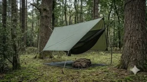 An olive green waterproof camping tarp suspended over a hammock in a British forest.