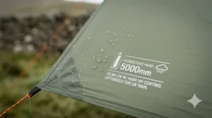 A photorealistic close-up detail shot of sage-green waterproof bikepacking tarp fabric, featuring integrated technical specs text: "HYDROSTATIC HEAD: 5000mm".