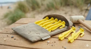 Close-up detail showing a guy line securely fastened to a beach tent peg for maximum stability in coastal gales.