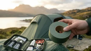 A comparison illustration showing different types of tent fabrics (nylon, polyester, canvas) and the corresponding repair materials, helping campers choose the right patch type to successfully fix ripped tent fabric.