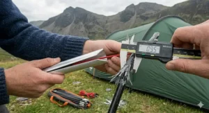 A high-resolution macro photograph showing a hand in a blue jumper carefully filing down sharp fibreglass splinters from a broken tent pole end. In the background, the same green tent, the Lake District mountains, and the waiting silver repair sleeve and shock cord are visible on the grass under a diffuse, overcast sky.
