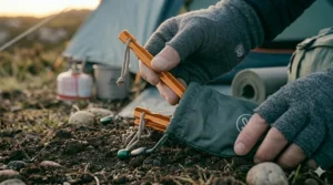 Compact bundle of titanium tent pegs tucked into a side pocket of a lightweight hiking rucksack.