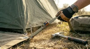 A side-by-side comparison showing a rubber-headed versus a steel-headed camping mallet for different ground conditions.