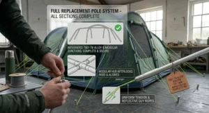 A detailed photorealistic view inside a workshop showing the fully completed Vango-style tunnel tent structure, with natural light and technical graphics confirming all integrated alloy sections are secure.