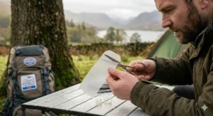 A man using a pair of scissors to cut and round the edges of a strip of clear, mesh-reinforced instant tent repair tape over an outdoor camping table.