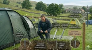 Durable, rust-resistant galvanised steel straight pegs and heavy-duty plastic screw pegs for British camping.