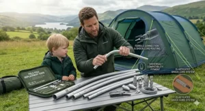 A 4K professional photo showing a detailed guide for field tent pole replacement, featuring the duralumin poles, elasticated shock cord, and modular components from a specific repair kit.