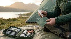 An emergency field repair kit for tents including tenacious tape, fabric patches, needle, thread, seam sealer, and small scissors laid out neatly on a plaid picnic blanket, ready for a wilderness camping trip in the UK.
