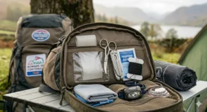 A photograph of an open outdoor travel organiser bag on a camping table containing a roll of clear repair tape, scissors, a multi-tool, antiseptic wipes, a headtorch, and a compass.