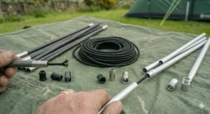 A comparison of shock cord usage in traditional fibreglass poles and lightweight aluminium backpacking poles.