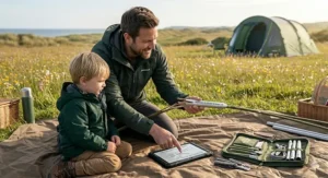 A photorealistic illustration of a father demonstrating a 7001-T6 alloy sleeve field repair to his young son in a meadow. Features close-up details of the repair.