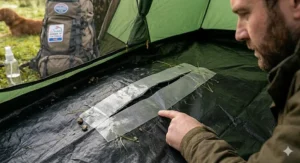 A photograph showing the successful repair of a large tear on a heavy-duty black polyethylene groundsheet inside a green tent using overlapping strips of clear, reinforced repair tape.