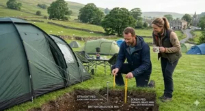 Illustration comparing tent pegs in British soil; screw pegs for stony ground and straight pegs for soft grass.