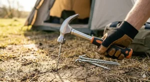 A professional steel-head tent mallet with an ergonomic grip, designed for heavy-duty camping tasks on hard pitches.