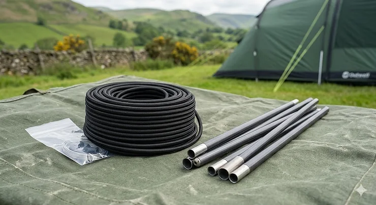 A spool of durable 3mm elastic shock cord next to folded fibreglass tent poles on a camping groundsheet. shock cord for tent poles