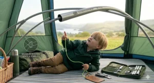 A detailed interior view of a Vango-style tent, where a young child observes the durable 7001-T6 alloy pre-bent poles with shock cord, with rolling hills visible outside.