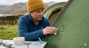A woman wearing a mustard-yellow beanie and a blue fleece, carefully cleaning the green tent fabric around a small tear with an alcohol wipe at a campsite.